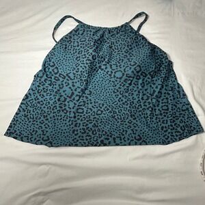 Kona Sol Womens 2X Teal Leopard Print High Neck Tankini Swim Top Adjustable